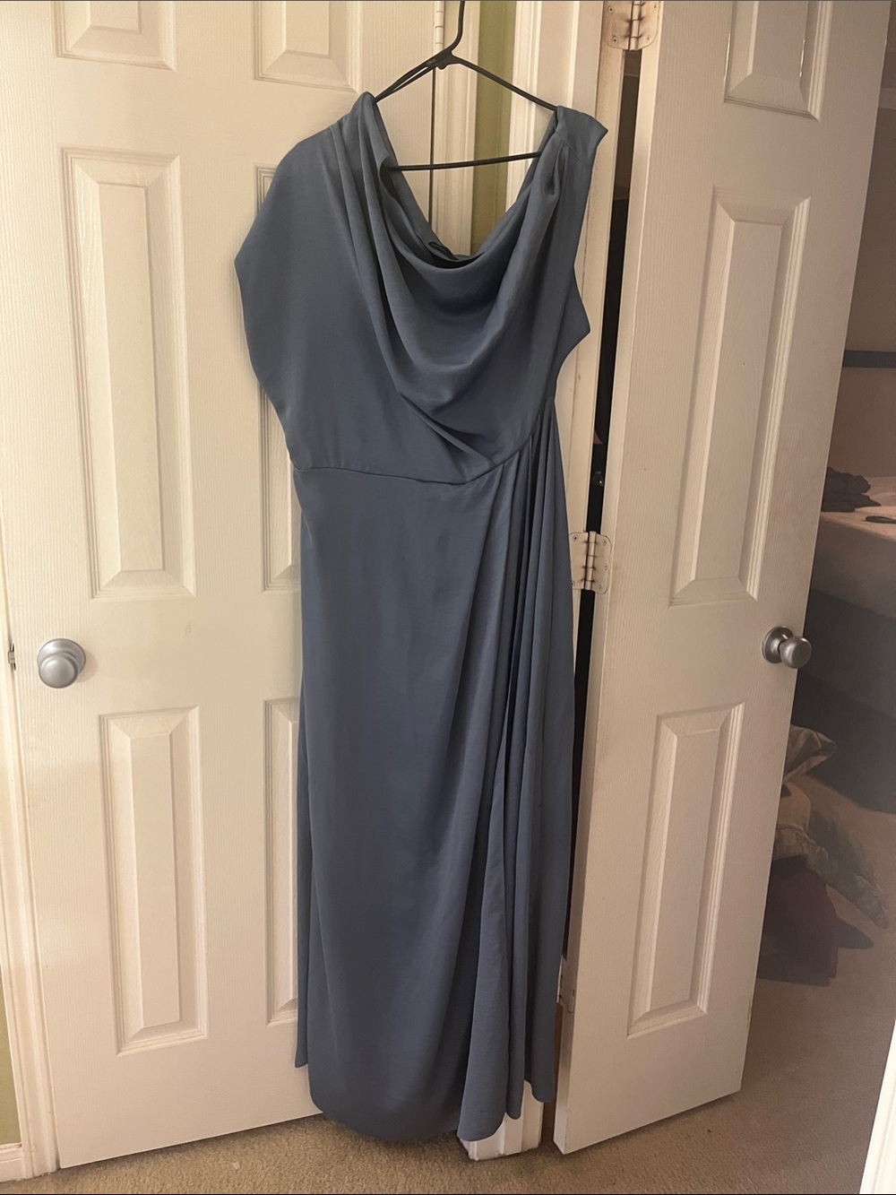 Elegant Slate Blue Draped Evening Dress off shoulder on one left side .